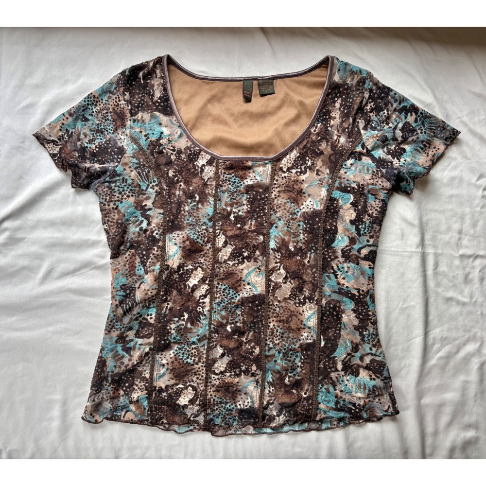 Y2K Serenade New York Women Brown Turquoise Mesh Abstract Print Scoop Neck Top L